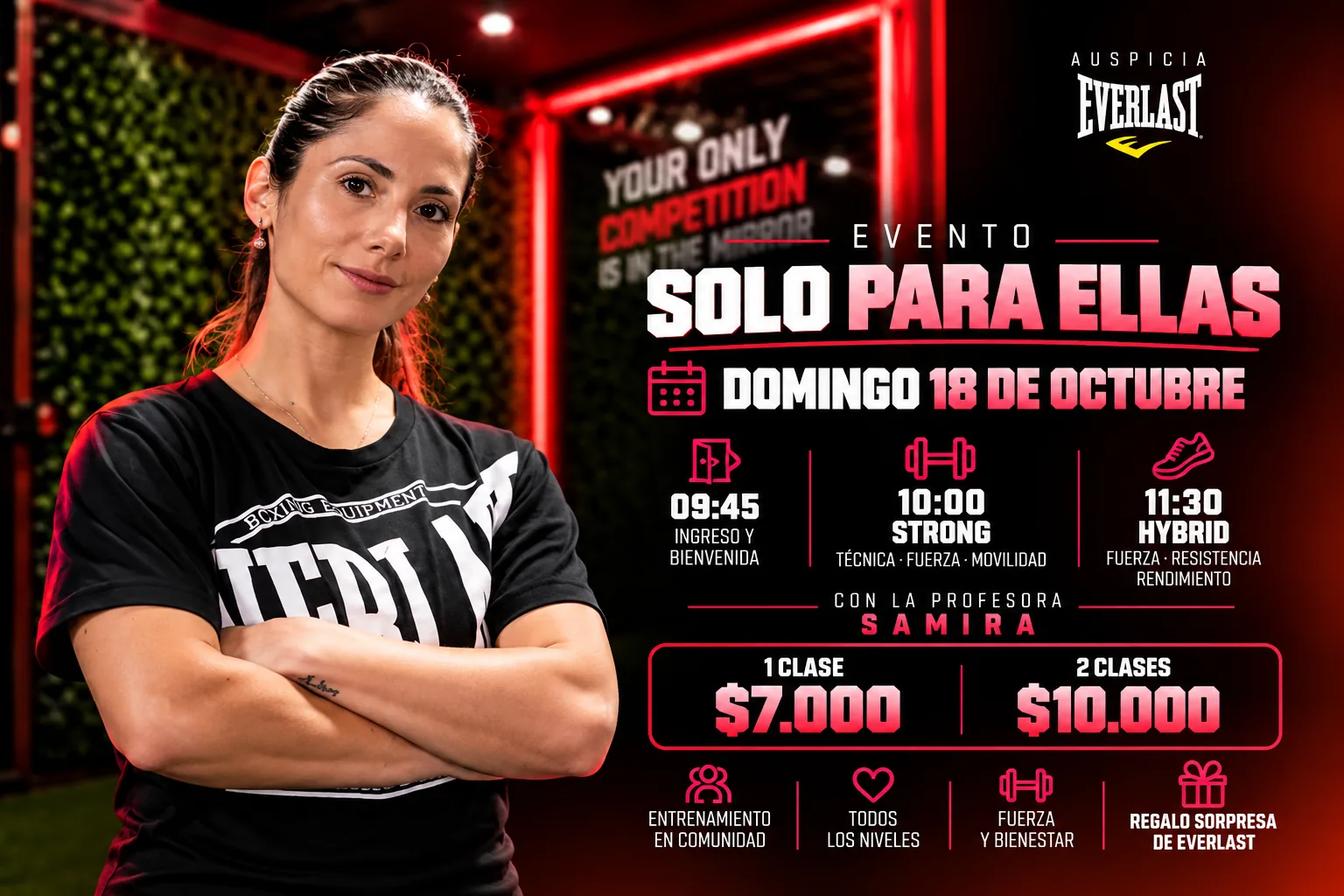Evento Solo para Ellas en Club Ringo, domingo 18 de octubre, con la profesora Samira. Clases Strong e Hybrid. Auspicia Everlast.