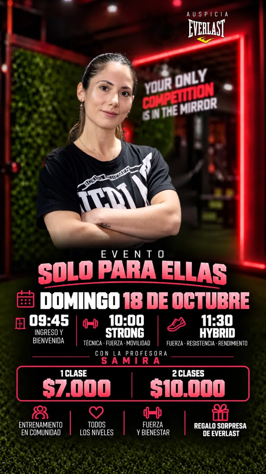 Evento Solo para Ellas en Club Ringo, domingo 18 de octubre, con la profesora Samira. Clases Strong e Hybrid. Auspicia Everlast.